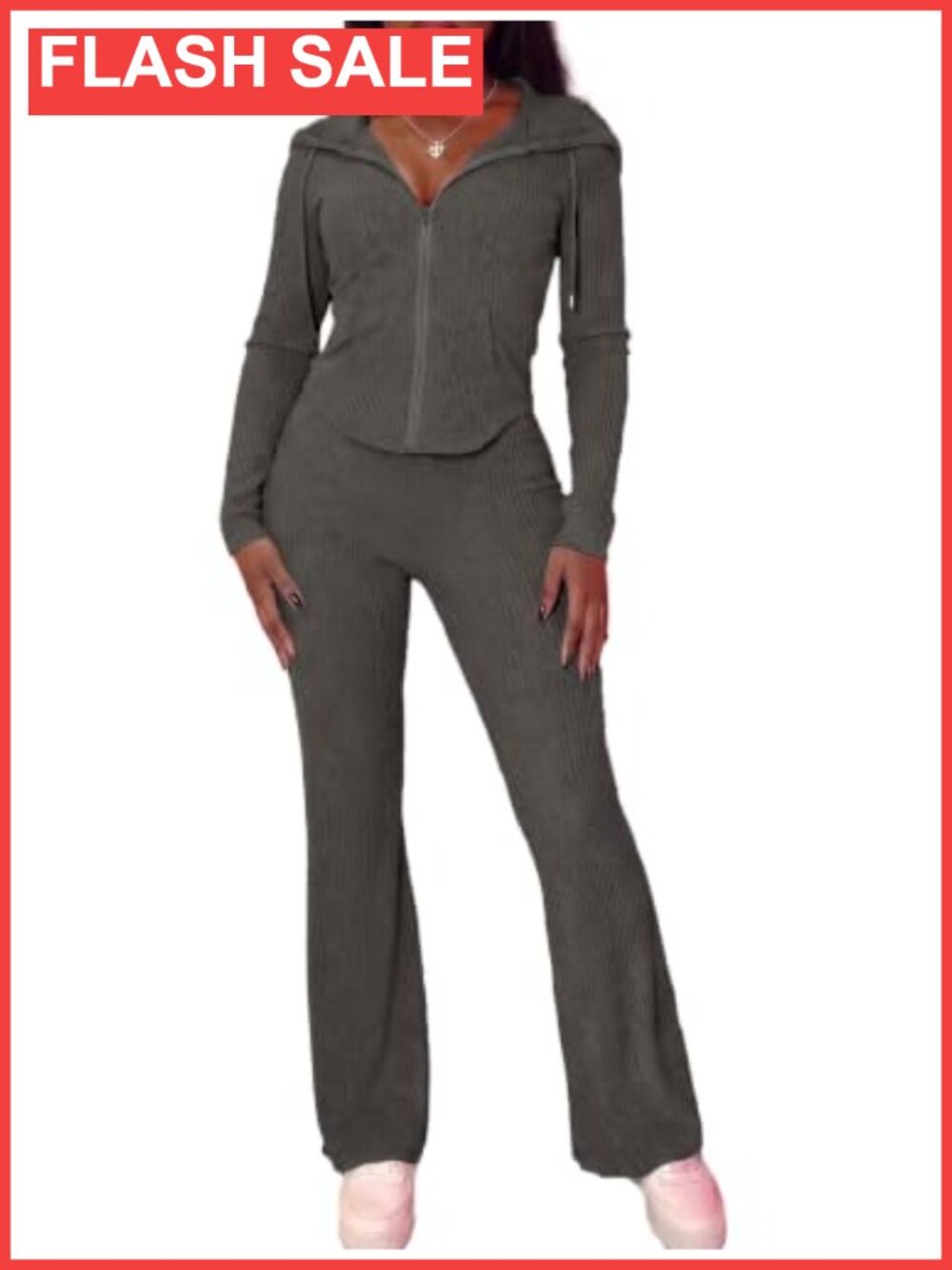 Women's 2 Piece Ribbed Lounge Set Zip Hoodie & Flare Pants